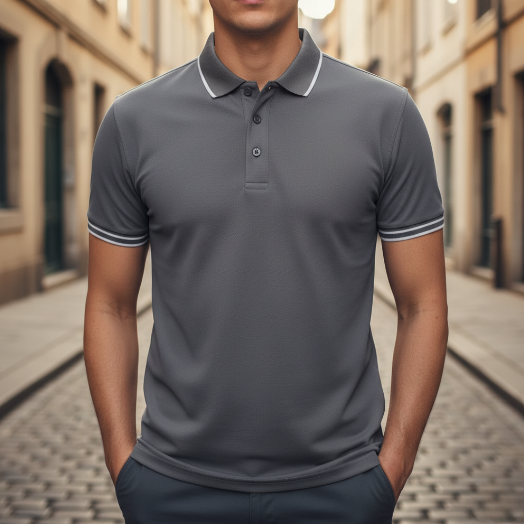 Men's fashion short sleeve polo shirt, tailored, with an eye-catching tipped collar. Perfect for warm weather.