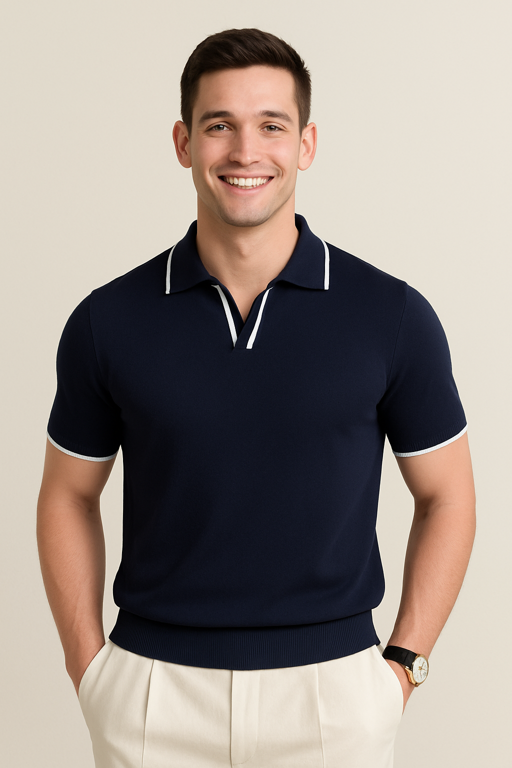 Men's stylish short sleeve polo with contrast trim, perfect for smart casual summer menswear.