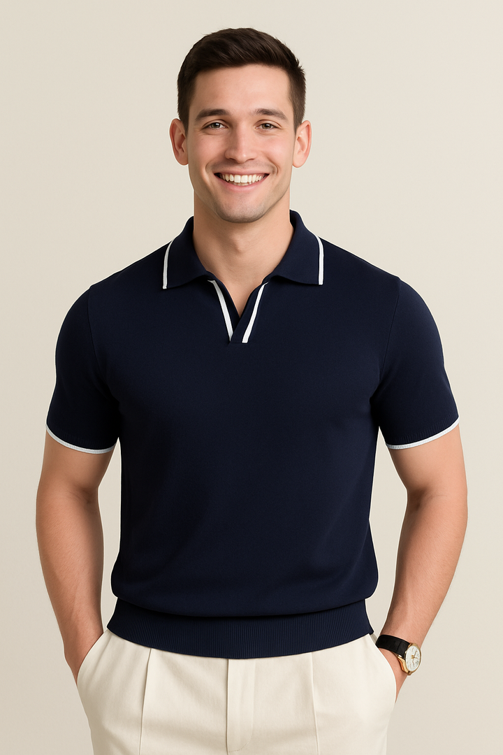 Men's stylish short sleeve polo with contrast trim, perfect for smart casual summer menswear.