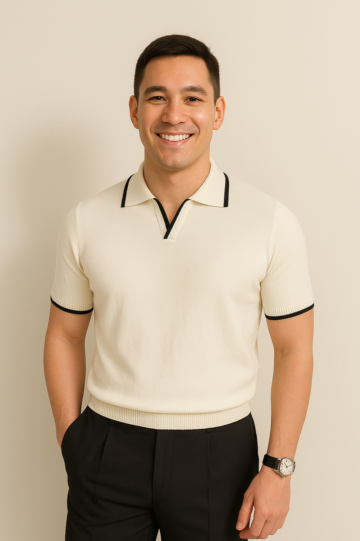 Comfortable men's slim fit polo with contrast trim, suitable for smart casual and everyday summer.