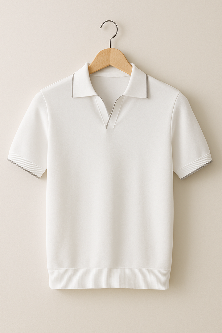Modern men's short sleeve polo featuring contrast trim, enhancing any smart casual summer outfit.