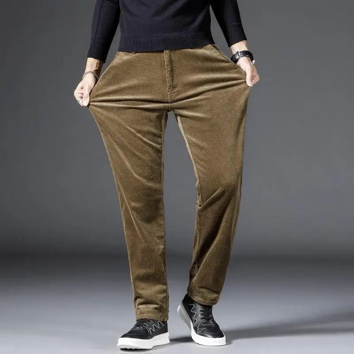 Close-up of comfortable men's slim fit trousers, perfect for versatile everyday fashion.