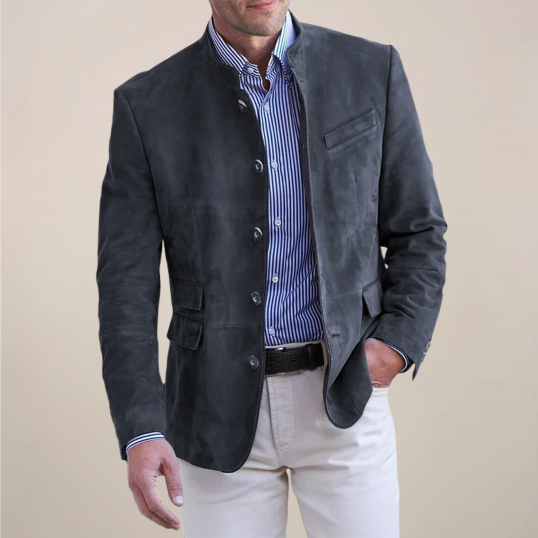Men's stylish stand collar blazer. Modern design for smart casual or work events.