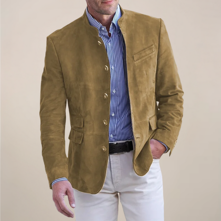 Versatile men's stand collar blazer jacket. Perfect for layering, work, or smart casual events.