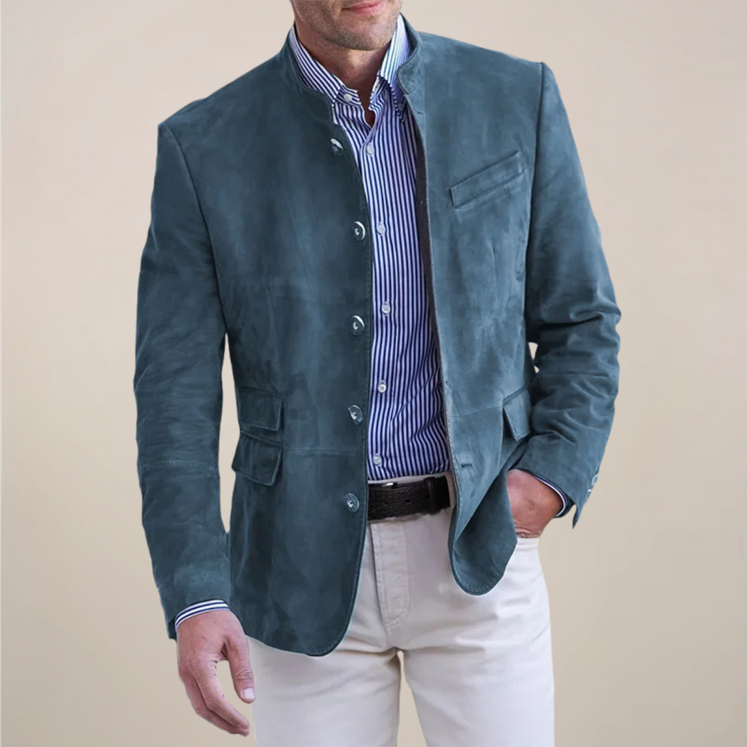 Sleek men's stand collar blazer, ideal for a refined smart casual or business casual outfit.