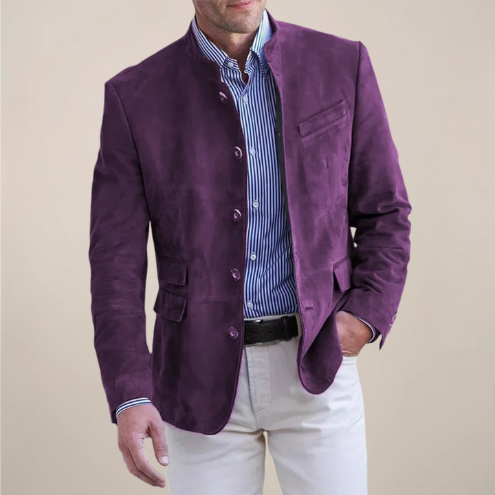 Stylish men's stand collar blazer jacket. Elevate your workwear or event attire with this modern layer.