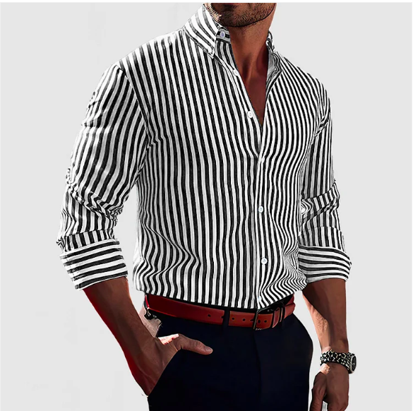 Slim fit long sleeve men's striped shirt with classic button-down style. A wardrobe essential.