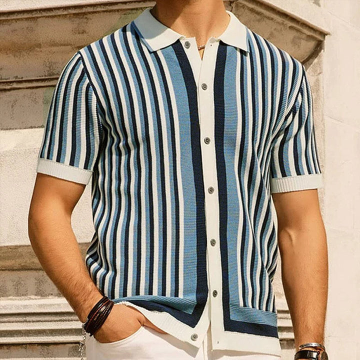 Men's stylish striped polo shirt, smart-casual look. Short sleeve summer top, perfect for men's fashion.