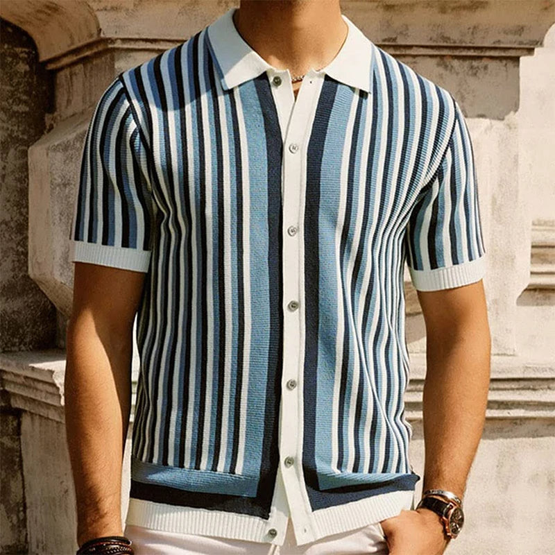 Versatile men's striped polo with ribbed collar. Ideal for casual wear, short sleeve summer top or holiday outfit.