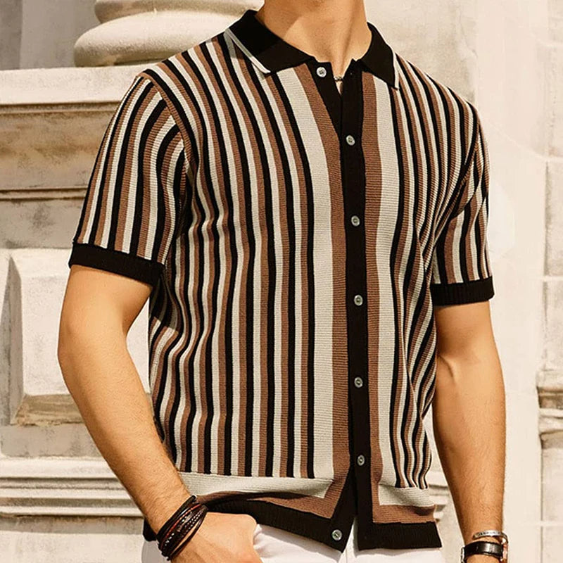 Man wearing a button-down striped polo shirt, showcasing effortless smart-casual men's fashion. Great for summer.