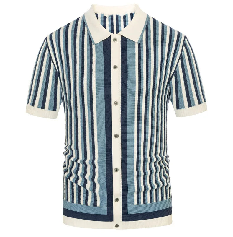Stylish men's striped polo shirt. Ribbed collar & short sleeves for a smart-casual summer look.