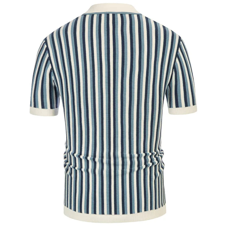 Fashionable men's striped polo shirt. Perfect for smart-casual outings, holidays, or everyday wear. Short sleeve design.