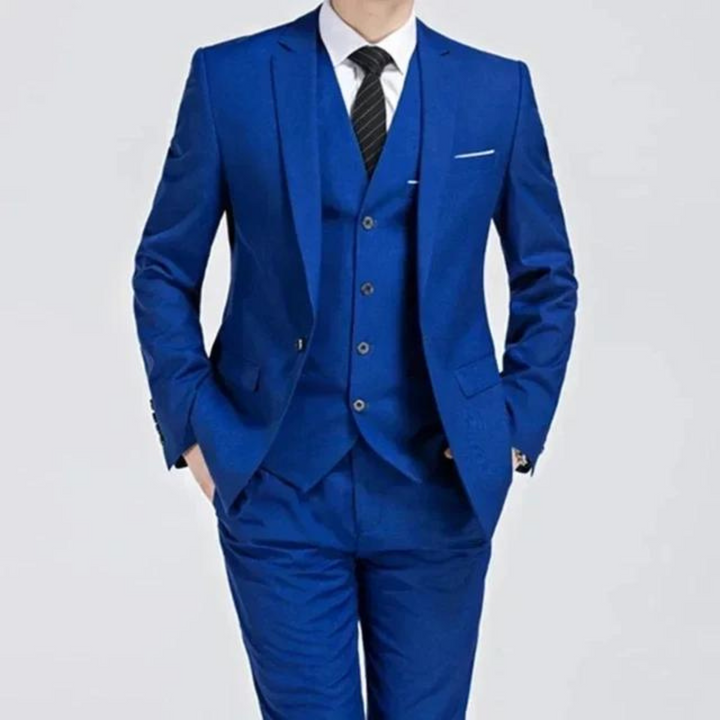Stylish men's three-piece suit featuring a single-button jacket and classic waistcoat for formal occasions.