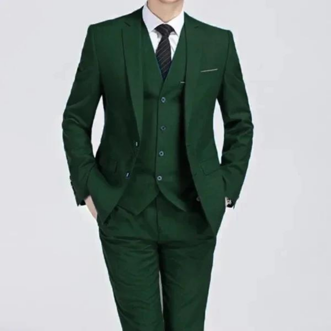 Modern men's stylish three-piece formal suit. Classic single-button design, perfect for weddings & business.