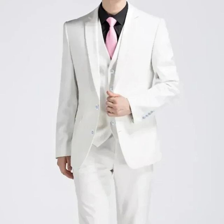 Complete men's three-piece suit ensemble: elegant jacket, vest, & trousers. Tailored for formal and business wear.