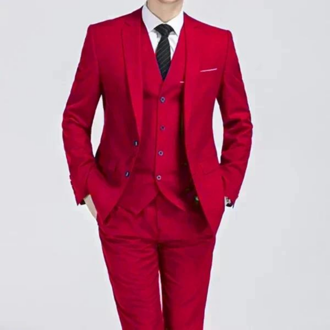 Professional men's tailored three-piece suit. A classic single-button formal business wear option.