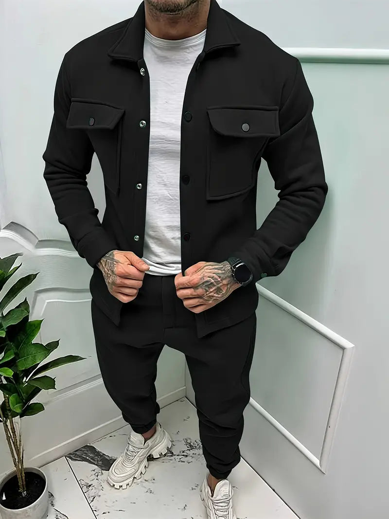 Men's stylish two-piece jacket & trousers set for fall. Perfect casual wear, combining comfort & modern fashion.