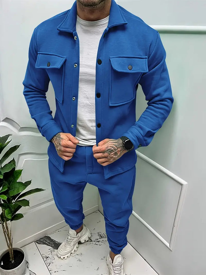 Comfortable men's coordinating jacket & trousers set. Ideal stylish fall outfit for casual wear & modern men's fashion.