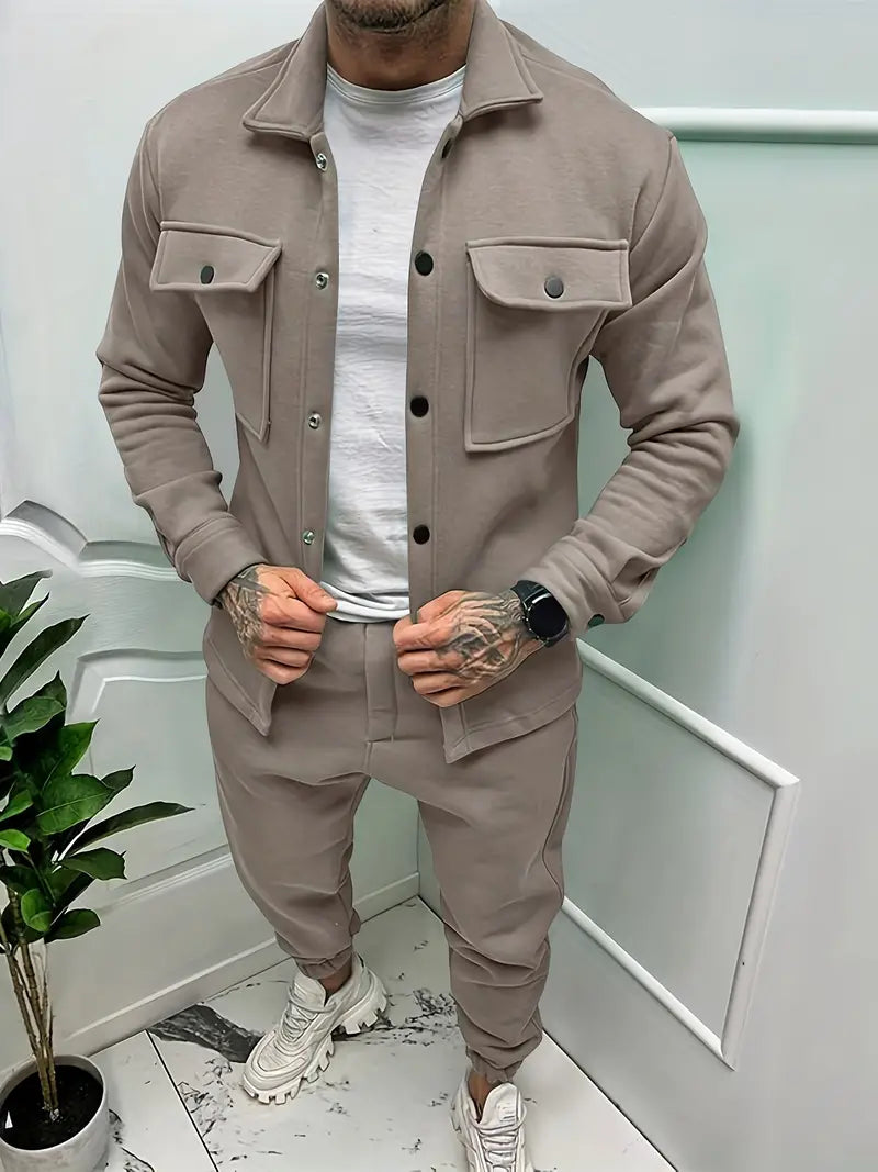 Stylish men's jacket and trousers set. A versatile fall outfit for modern men, offering a comfortable and fashionable suit set.