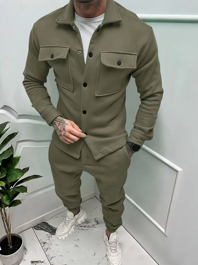 Men's casual two-piece jacket & trousers set. A trendy fall outfit for stylish men, offering comfort & modern fashion.