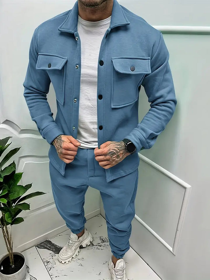 Men's comfortable jacket & trousers set for fall. Stylish two-piece apparel for modern men, perfect for cozy and trendy casual wear.