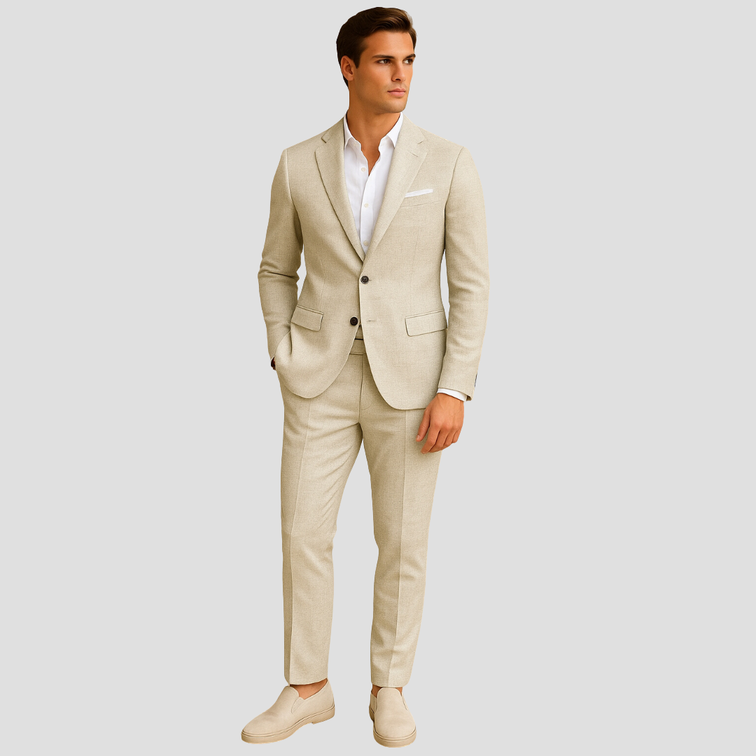 Men's stylish two-piece summer suit. Lightweight blazer & trousers perfect for elegant events.