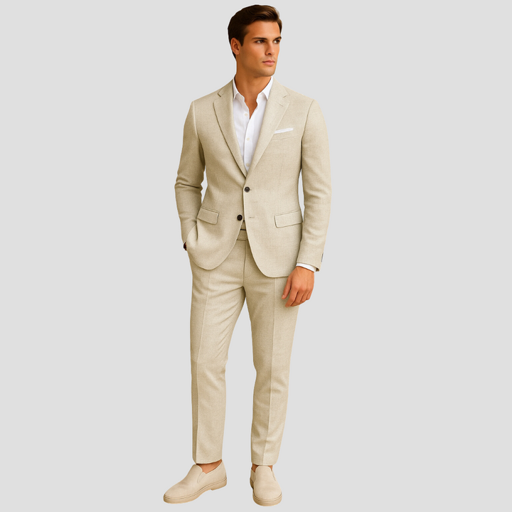 Men's stylish two-piece summer suit. Lightweight blazer & trousers perfect for elegant events.