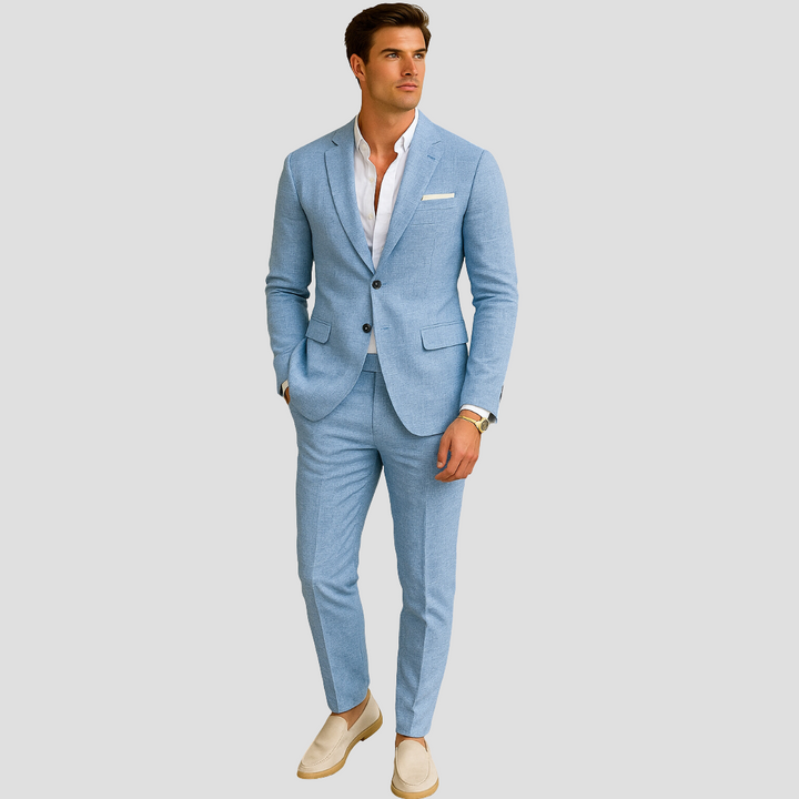 Elegant men's two-piece summer suit in a modern fit. Ideal formal wear for warm weather occasions.