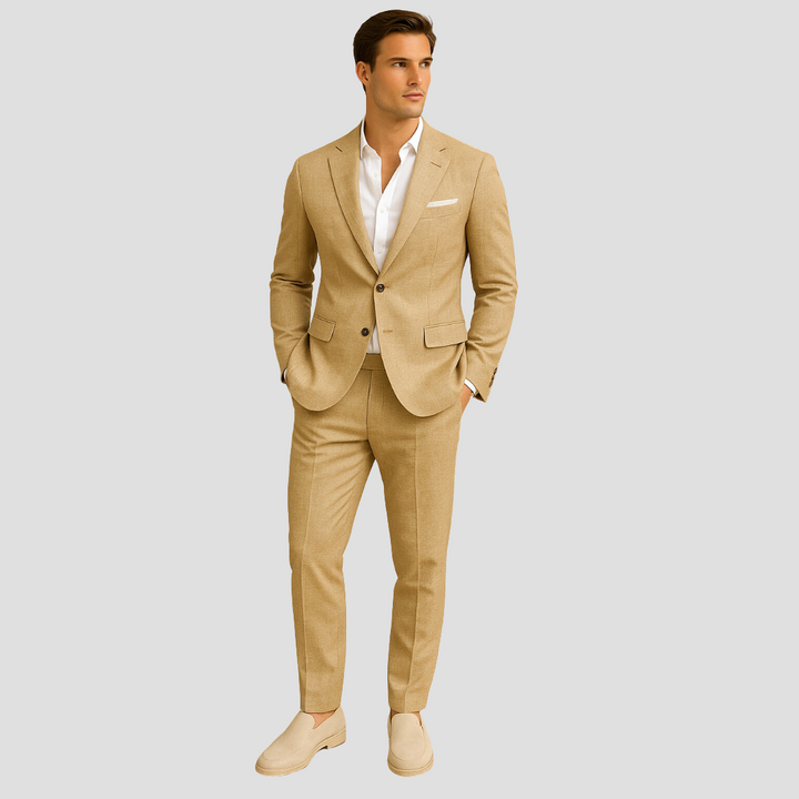 Sophisticated men's summer suit with a stylish blazer and matching trousers for formal or casual events.