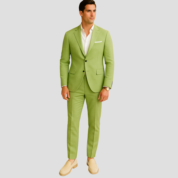 Men's lightweight two-piece suit, a versatile summer fashion choice for elegant formal & casual wear.