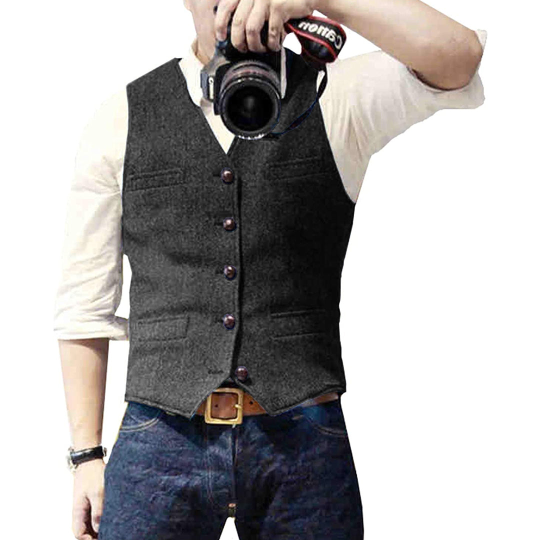 Full view of a man modeling the stylish Victor wool blend gilet, perfect for smart casual or formal events.
