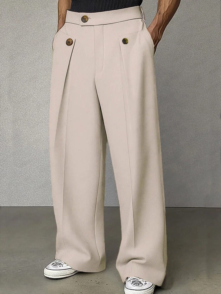 Man modeling modern wide-leg trousers, showcasing their relaxed fit, pleats & stylish casual fashion.