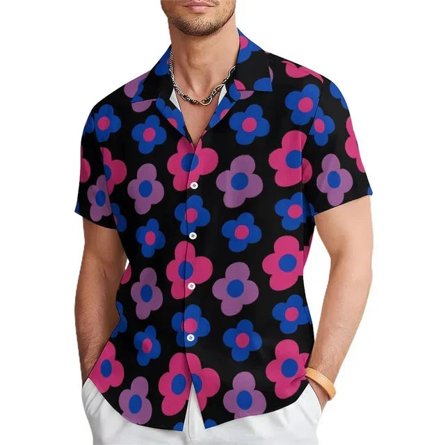 Men's summer shirt with vibrant floral print & stylish notched collar, ideal for casual fashion & vacation wear.