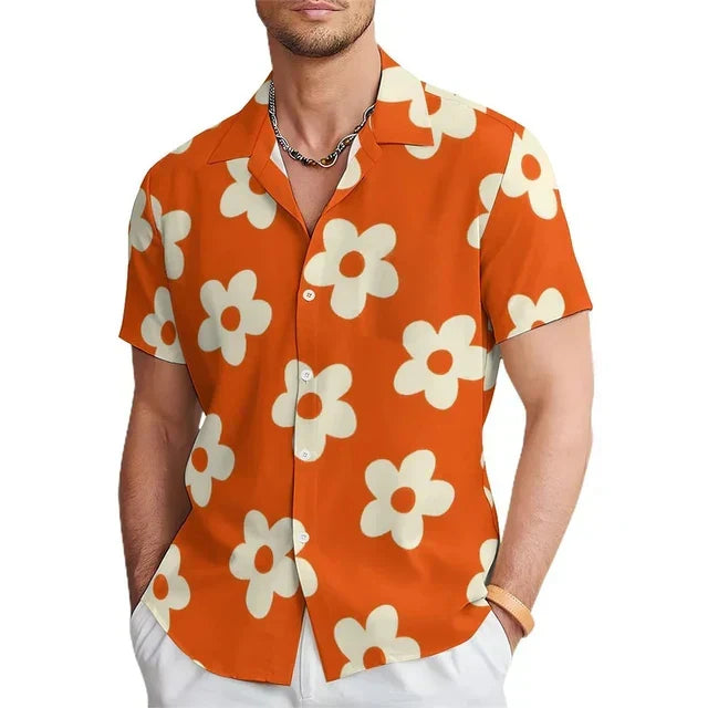 Casual men's short sleeve summer shirt featuring a colorful floral print & elegant notched collar for beachwear.