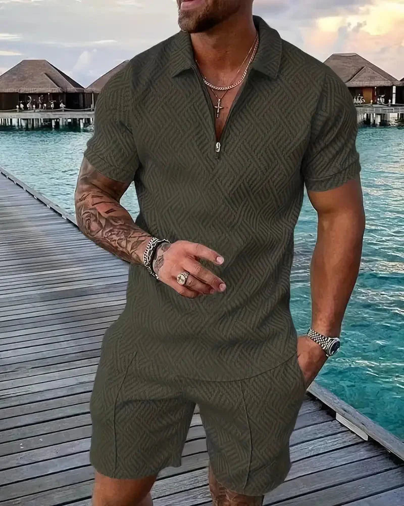 Sporty men's two-piece tracksuit set: zip collar polo and matching shorts for lounge wear or athletic style.