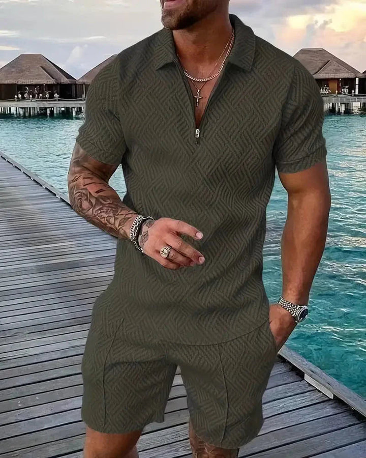 Sporty men's two-piece tracksuit set: zip collar polo and matching shorts for lounge wear or athletic style.