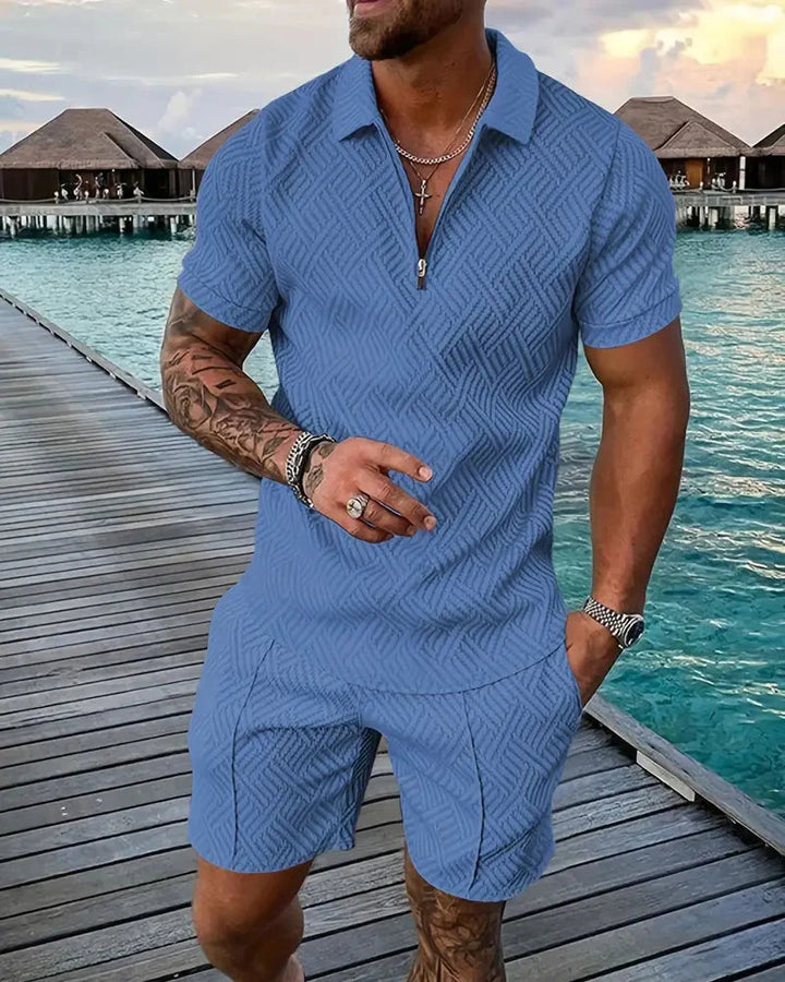 Complete men's summer outfit: comfortable zip polo shirt & matching shorts. Great for warm weather and style.
