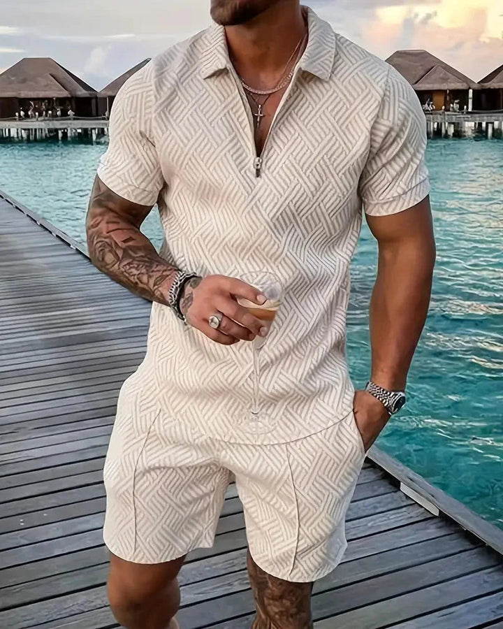 Athletic men's summer set: short sleeve zip polo and coordinating shorts for travel, beach or casual outings.