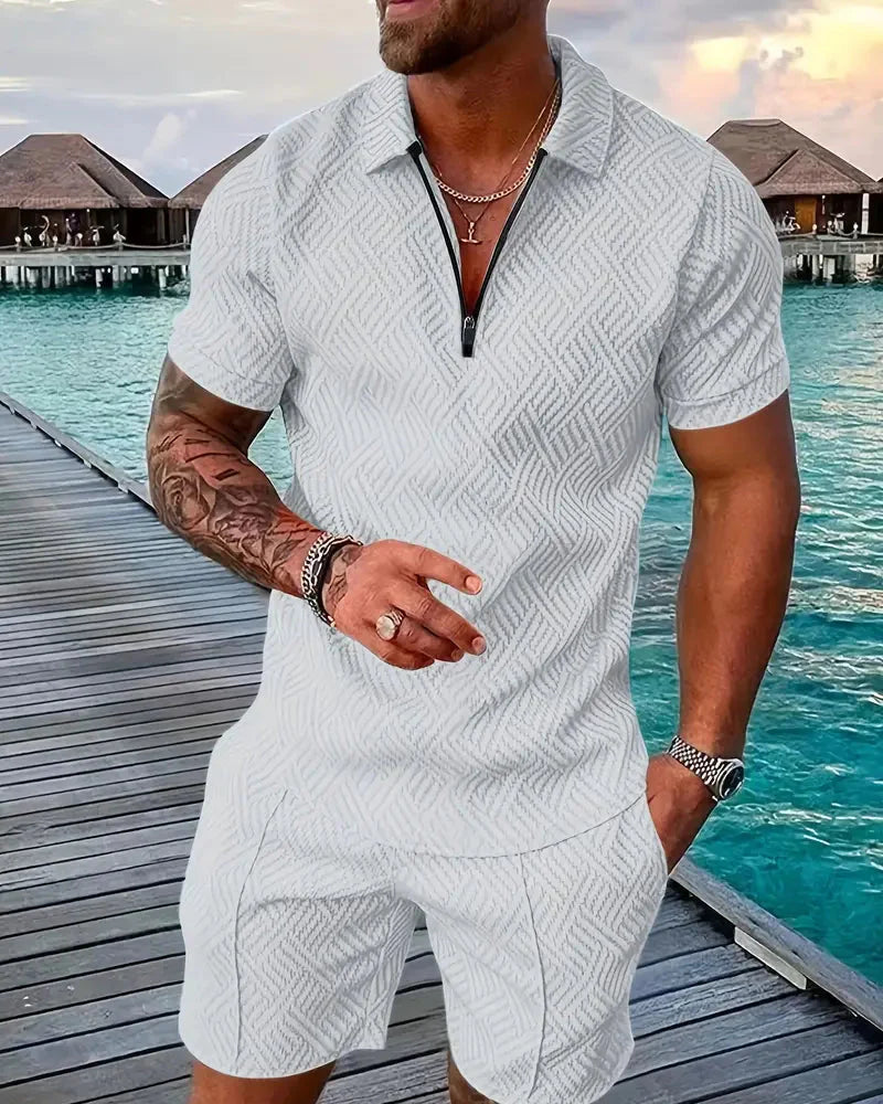 Versatile men's summer tracksuit with a modern zip polo shirt & comfy shorts. Perfect for sunny day fashion.