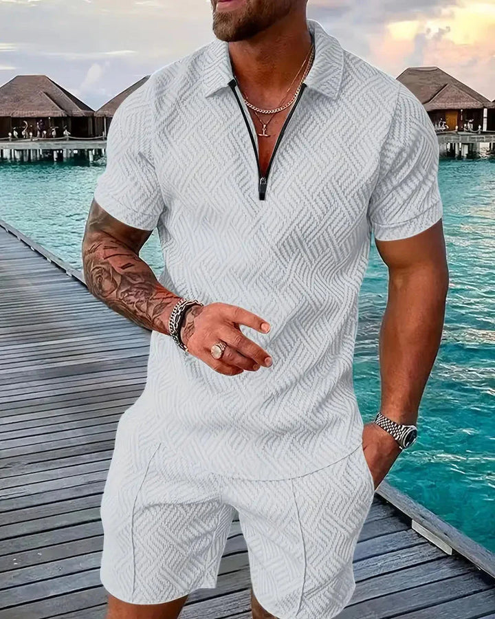 Versatile men's summer tracksuit with a modern zip polo shirt & comfy shorts. Perfect for sunny day fashion.