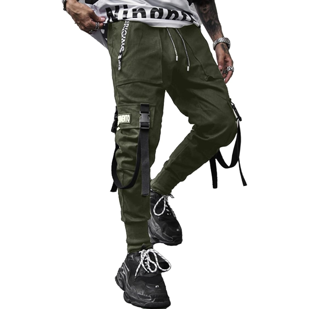 Men's tactical cargo joggers, urban streetwear pants with multi-pockets, ideal for modern techwear fashion & comfort.