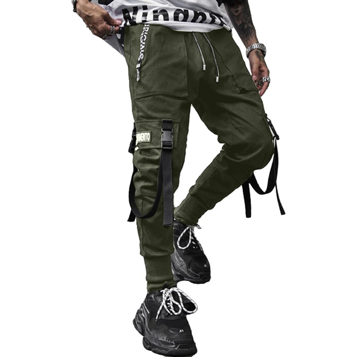 Men's tactical cargo joggers, urban streetwear pants with multi-pockets, ideal for modern techwear fashion & comfort.