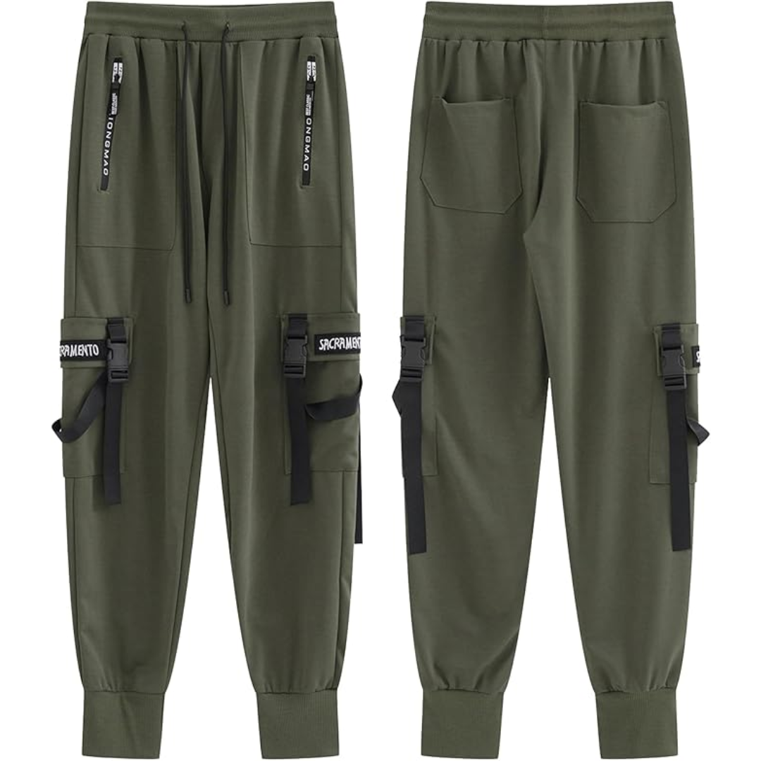 Men's tactical multi-pocket cargo joggers for urban streetwear, techwear, and athletic casual comfort.