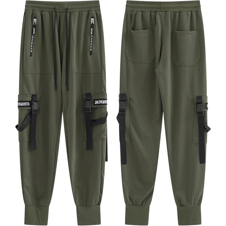 Men's tactical multi-pocket cargo joggers for urban streetwear, techwear, and athletic casual comfort.