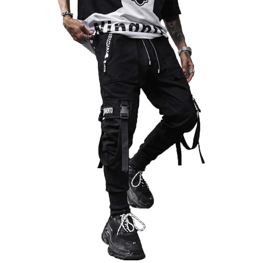 Comfort fit men's tactical cargo joggers, black urban streetwear pants with multiple functional pockets.