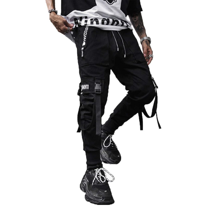 Comfort fit men's tactical cargo joggers, black urban streetwear pants with multiple functional pockets.