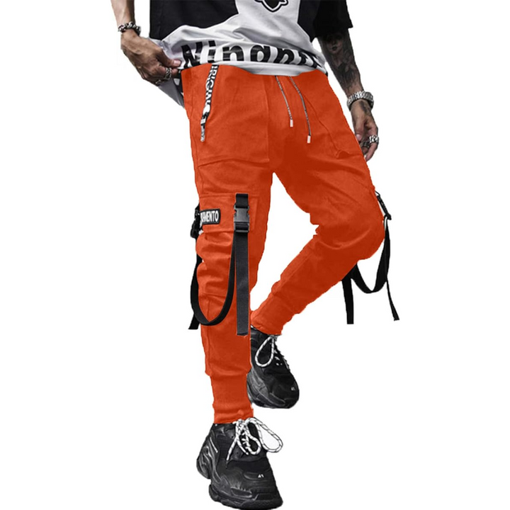 Relaxed fit men's tactical cargo joggers, comfortable multi-pocket pants for urban techwear & athletic fashion.
