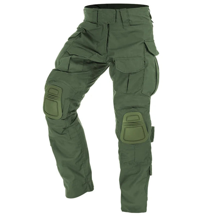 Durable men's utility workwear cargo pants, rugged military style with knee protection.