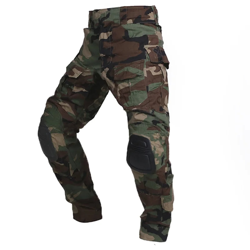 Close-up of integrated knee pads on men's tactical cargo pants, built for tough jobs & trails.