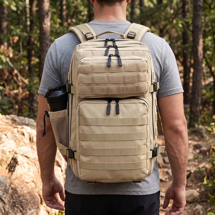 Men's tactical hiking backpack, durable multi-compartment outdoor gear for camping & travel.